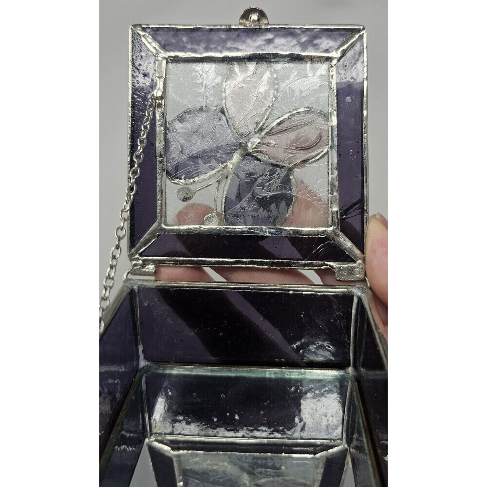 Butterfly Stained Glass Trinket Box Mirror Base Chain Hinged Lid Multicolor 3x3" - Picture 7 of 12